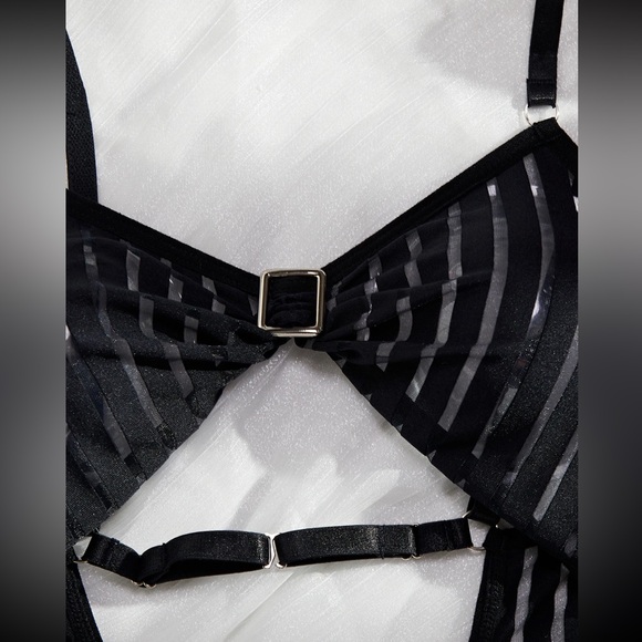 Black Pinstripe Cut Out Tie Up Sexy Lingerie Bodysuit - Picture 9 of 13